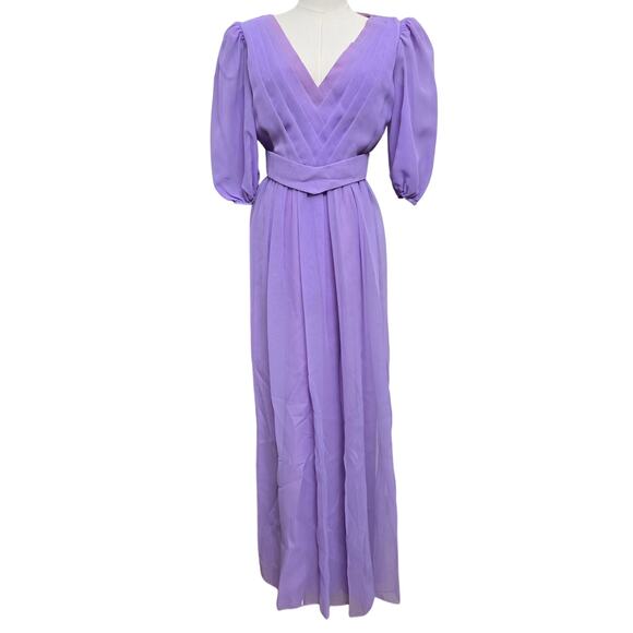Dessy Creations Vintage 70s Purple Sheer Chiffon Pleated Puff Sleeve Gown 10 - Picture 1 of 12